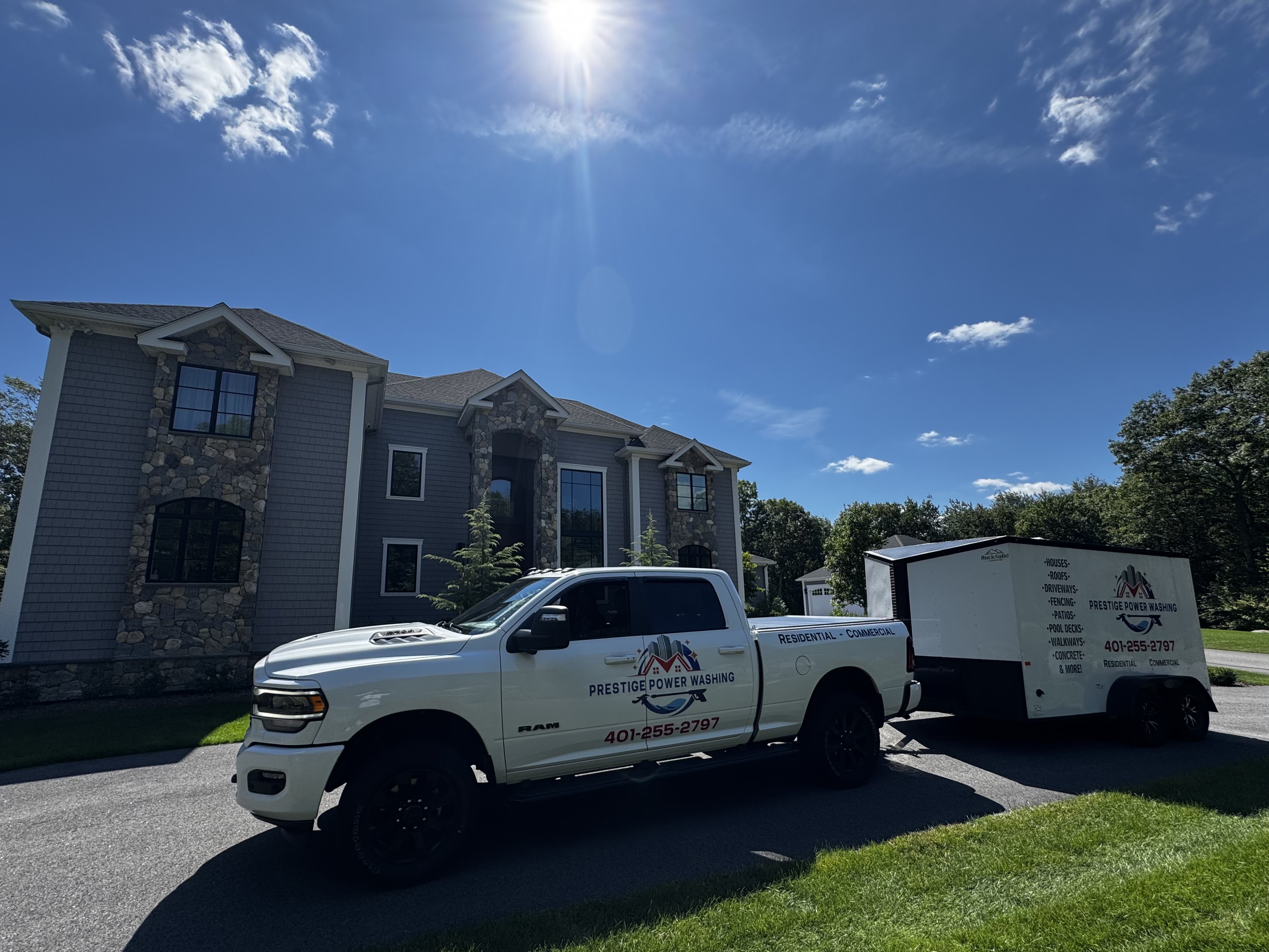 Prestige Power Washing truck providing professional power washing and house roof softwashing services throughout Rhode Island
